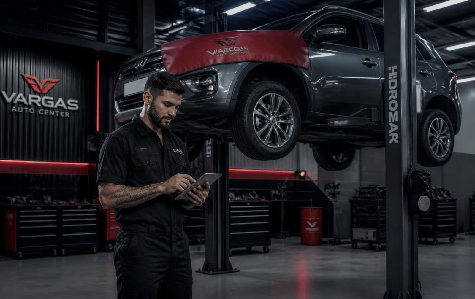 Mecânico usando tablet em oficina automotiva moderna